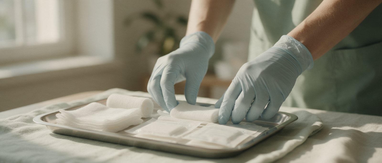 Enfermeira preparando materiais estéreis de curativo sobre uma bandeja